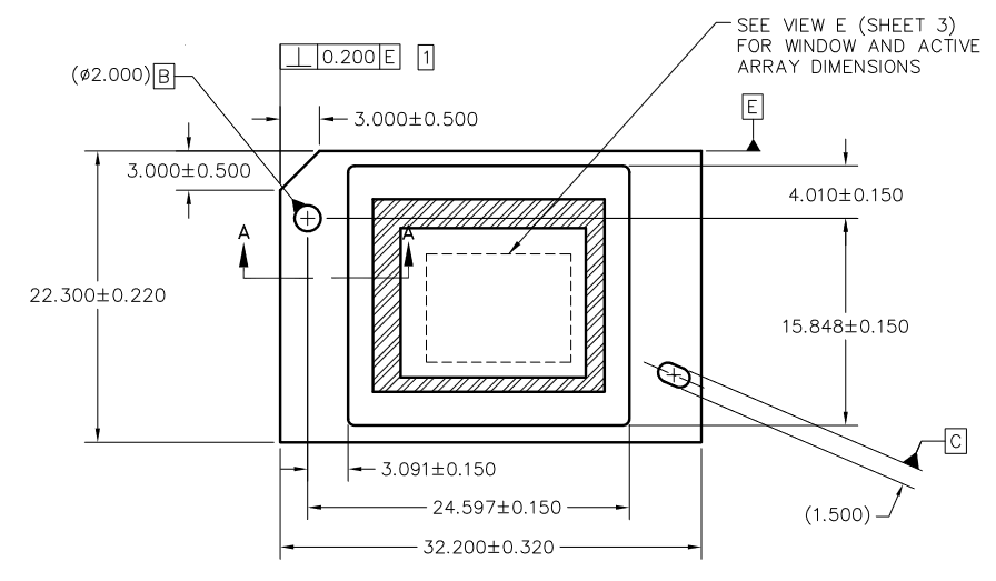 DLP550JE (1076-6434B) FYA 149-Pin Ceramic Package Outline Drawing (Top View, body 32.20 x 22.30 mm)