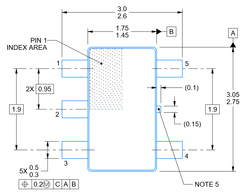 1P1G08MDBVREP SN74LVC1G08-EP SOT-23-5 package outline drawing
