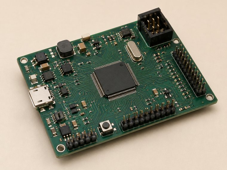 A microcontroller evaluation board, a Cortex-M part in a quad-flat package at its center with a ten-pin debug header at the upper right.