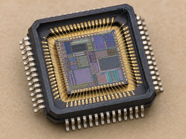 A decapped microcontroller die under magnification, bond wires ringing the silicon around its logic and memory blocks.