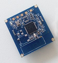 A small Bluetooth Low Energy radio module on a PCB with a printed antenna