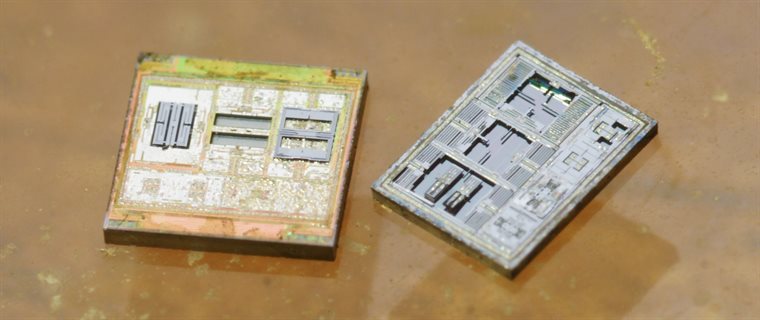 Decapped MPU-6050 showing the MEMS gyroscope and accelerometer dies