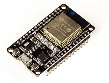 An ESP32 ESP-WROOM-32 development board with a shielded radio module and printed antenna