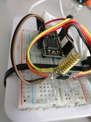 A LoRa node with an RFM96 radio module and a coiled sub-gigahertz antenna on a breadboard