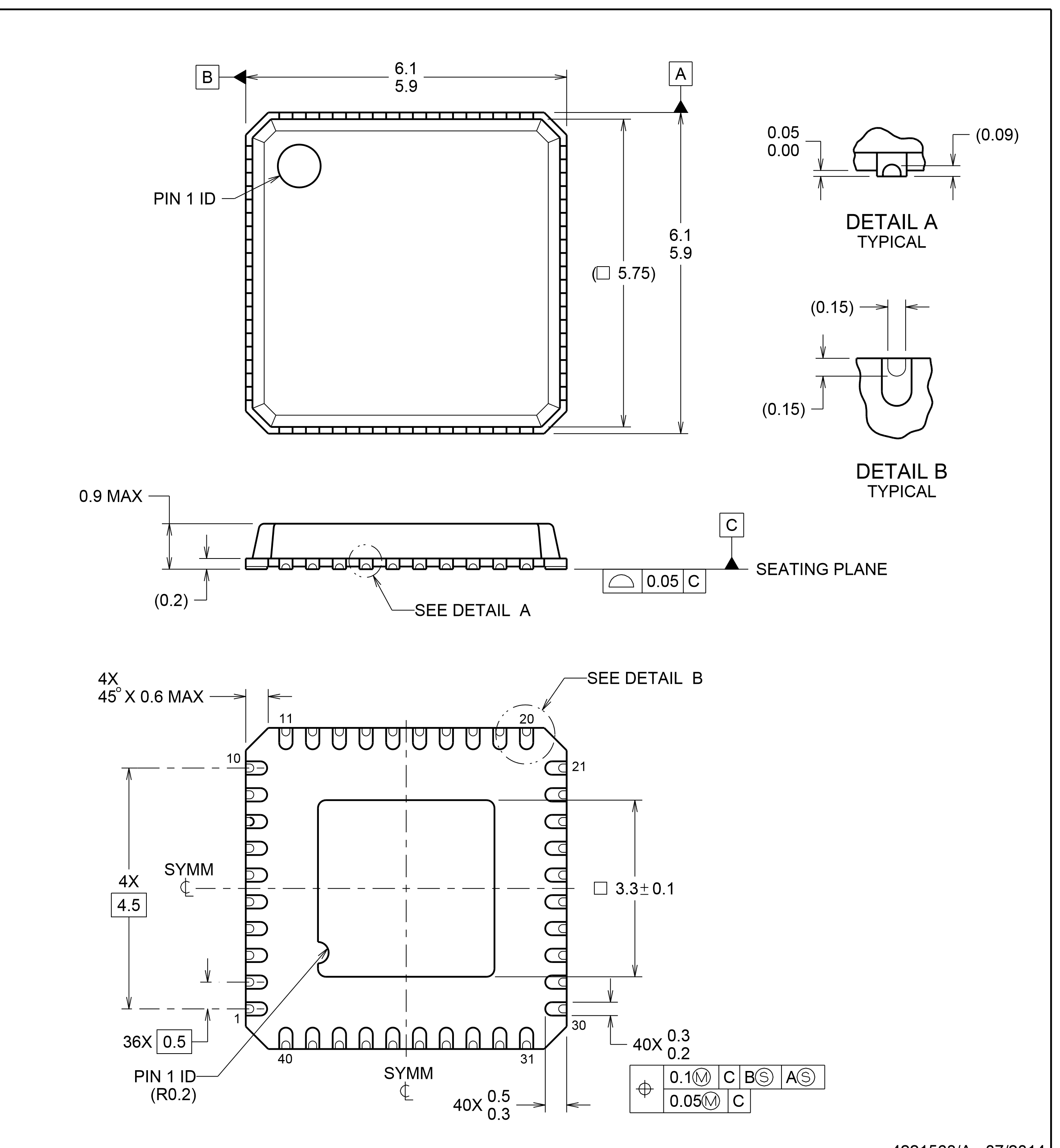 LM5140-Q1 RWG 40-Pin VQFN Geh&auml;useumriss, 6 x 6 mm