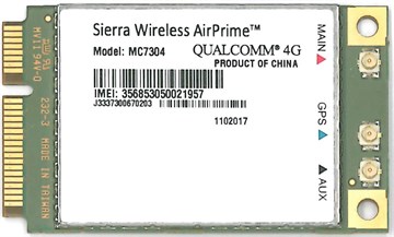 A Sierra Wireless MC7304 mini-PCIe LTE cellular module with antenna connectors
