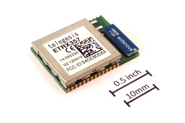 A Telegesis ETRX357 2.4 GHz ZigBee radio module with a ceramic chip antenna