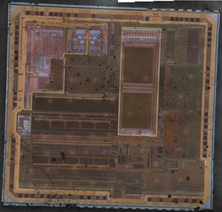 A microscope die shot of an MSP430 microcontroller showing its memory and logic blocks