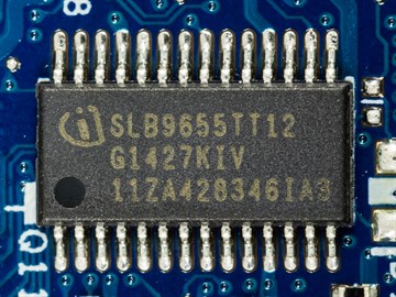 An Infineon SLB9655 TPM chip soldered to a laptop motherboard