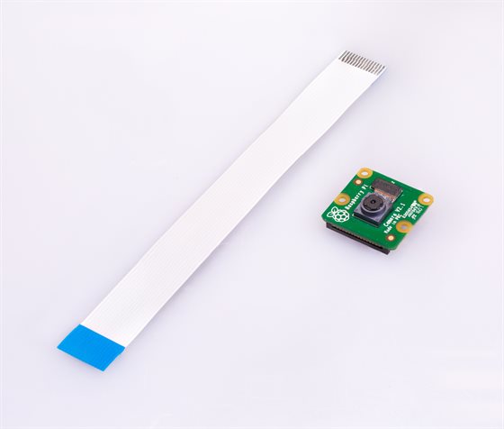 A Raspberry Pi camera module with its ribbon cable