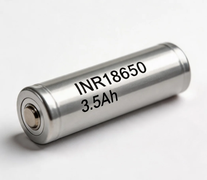 A single INR18650 lithium-ion cylindrical cell with the INR prefix and size digits printed on the wrap