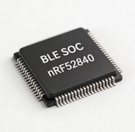 A Nordic nRF52840 BLE system-on-chip, the single chip that runs both the radio and the application