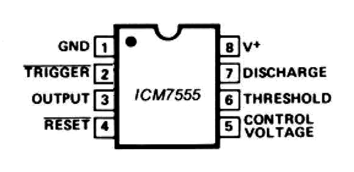 ICM7555 8 引脚 SOIC 引脚配置(标准 555)