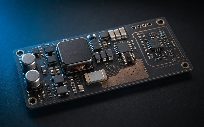 Premium buck power conversion board with inductor, MOSFETs and low-noise regulation section