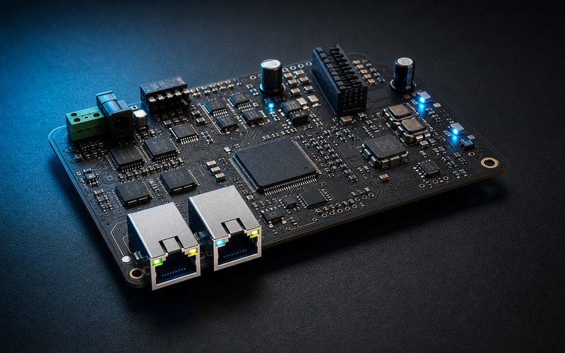 Premium wired gateway PCB with outward-facing RJ45 ports and Ethernet switching section