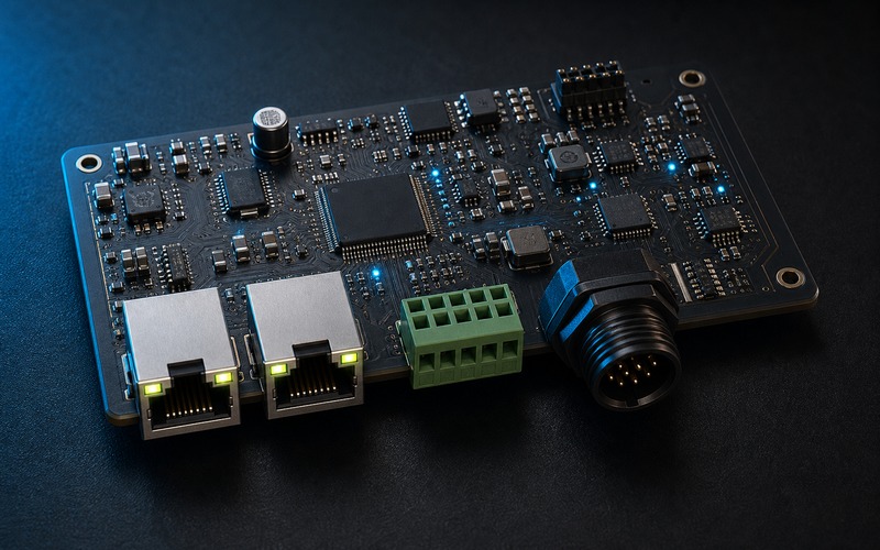 Industrial gateway board with outward-facing connectors, Ethernet PHY, switch and PoE section