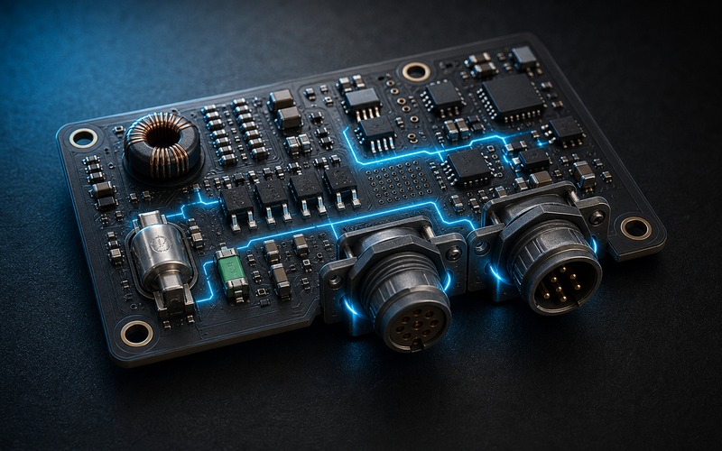 Outdoor hardware protection section with outward-facing connectors, TVS arrays and common-mode choke