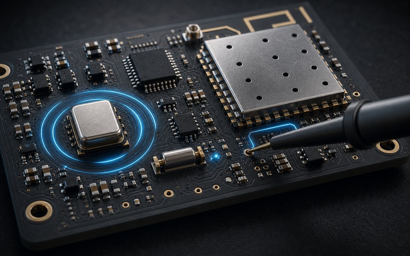 Precision timing section with crystal oscillator, RF clock layout and measurement probe
