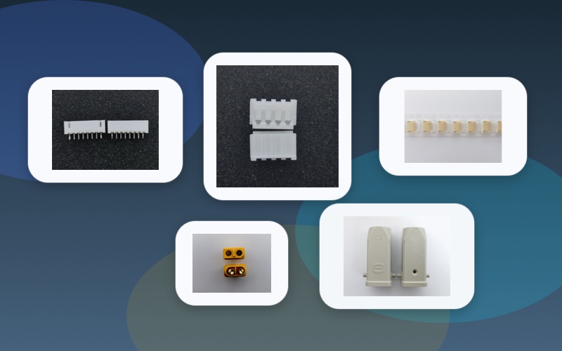 Connector collage showing board headers, compact wire to board parts, an XT60 power connector and a larger field connector shell