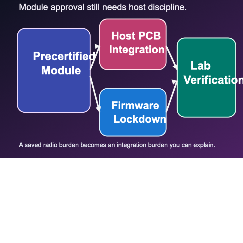 Compliance workflow illustration showing a precertified radio module, host PCB integration, antenna routing and lab verification checkpoints