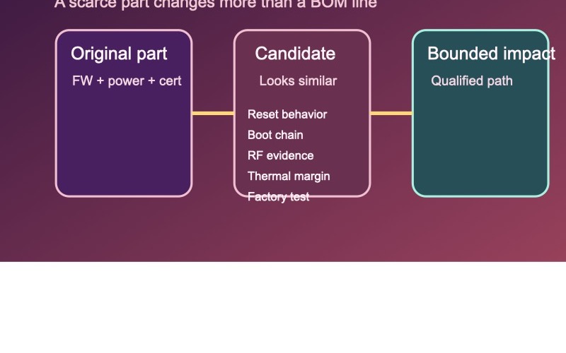 Engineering substitute evaluation illustration showing scarce IoT chips, firmware dependency layers, qualification checklist and second-source comparison board
