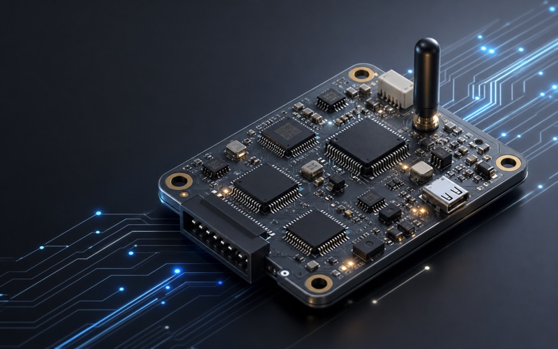 Premium 3D render of a connected device control board with several MCU packages and outward-facing connectors