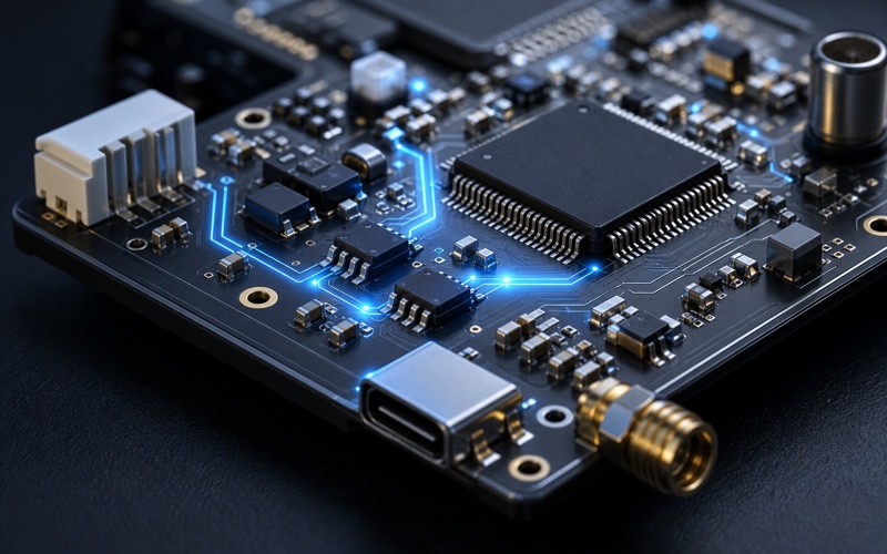 Premium 3D render of an IoT controller PCB with MCU and I2C EEPROM packages connected by glowing bus traces
