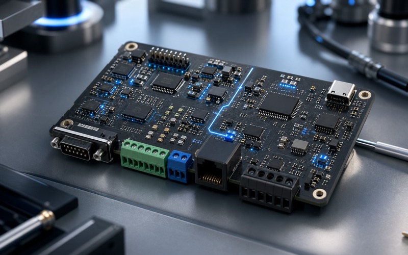 Premium 3D render of an industrial interface PCB with outward-facing connectors, CAN and RS485 transceiver areas and a glowing isolation boundary