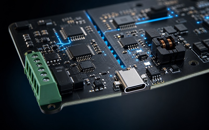 Premium 3D render of a USB Type C and RS485 interface board edge with ESD protection, common mode filtering and a visible isolation slot