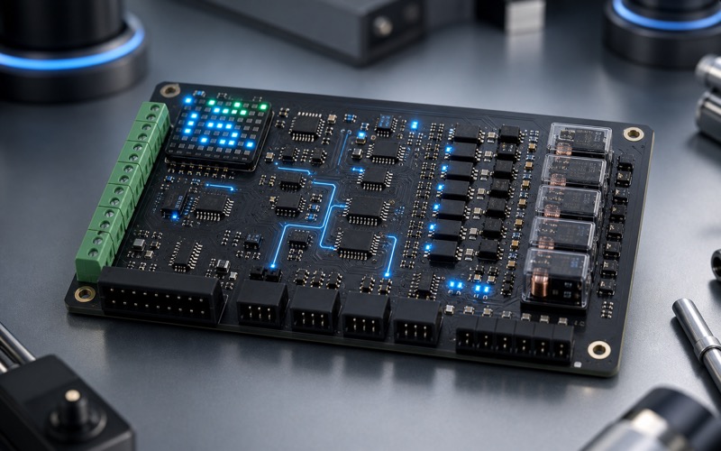Premium 3D render of a compact control board with logic ICs, LED matrix driver area and output driver loads