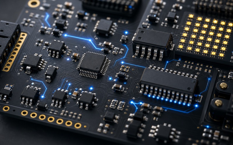 Premium 3D macro render of small logic ICs, an analog switch, driver packages and an LED matrix section on a dark PCB