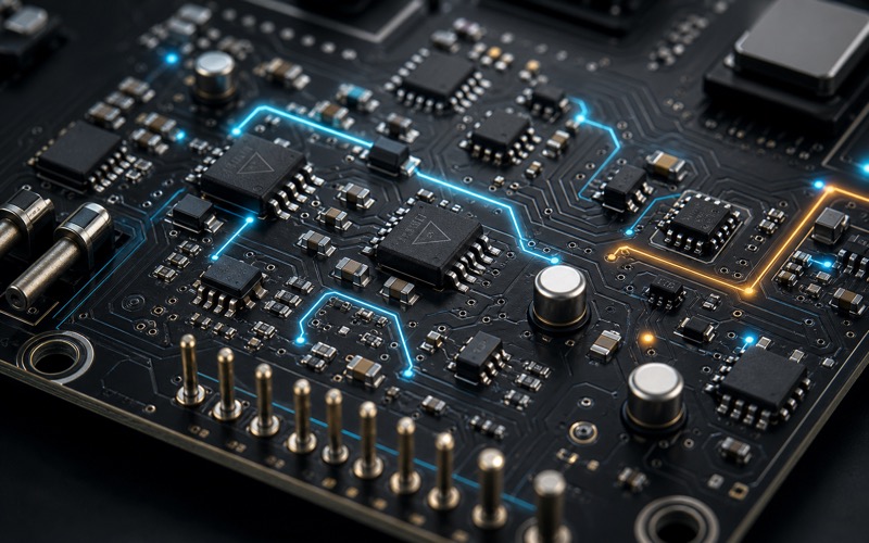 Premium 3D macro render of op amp, comparator, voltage reference and reset monitor ICs on a low-noise analog PCB