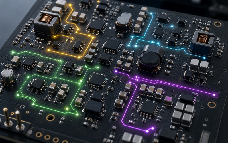 Premium 3D macro render of buck converters, LDO packages, inductors and ceramic capacitor banks on a dark power management PCB