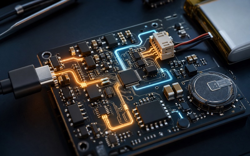 Premium 3D macro render of a charger power path PCB with USB input, charger IC, system rail and battery connector glowing current paths