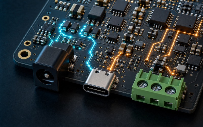 Premium 3D macro render of protected power input and interface connectors facing outward with TVS, ESD arrays, varistors, eFuse and current limited load switch behind them