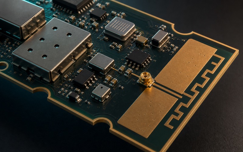 Premium 3D macro render of an IoT board edge with chip antenna keep-out, controlled feed line, balun, SAW filter and GNSS low noise amplifier