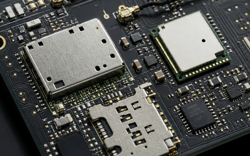 Cellular module, Ethernet interface and protection components on a PCB showing wired and wireless networking design areas