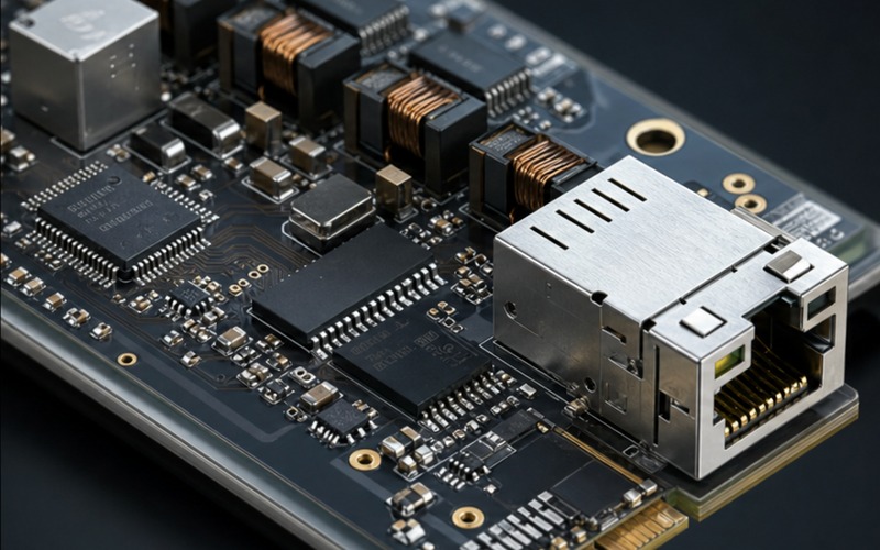 Networking section of a PCB showing cellular module, antenna path, Ethernet connector and surge protection placement