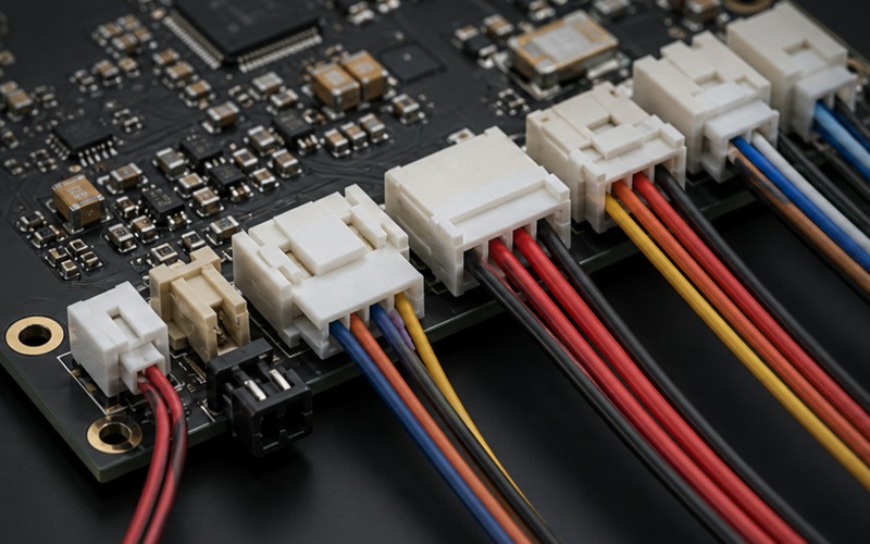 Wire-to-board and board-to-board connectors on a PCB showing cable exit direction, latch position and pin layout
