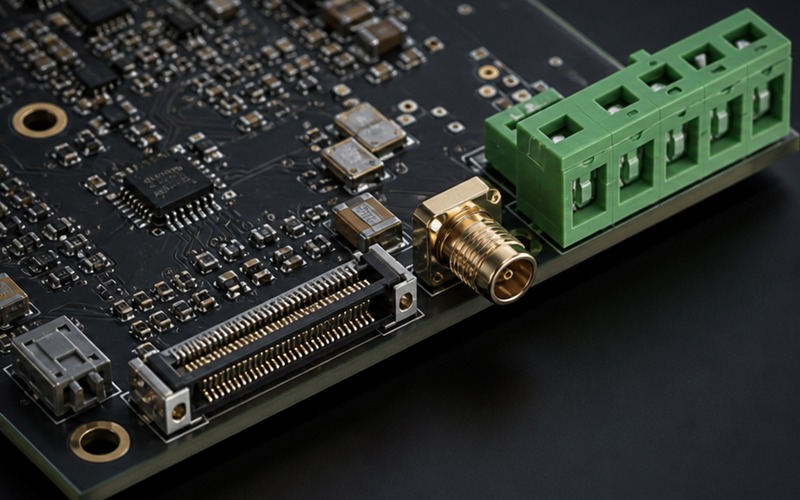 Board edge connector layout showing cable insertion direction, latch clearance and pin pitch review across vendors