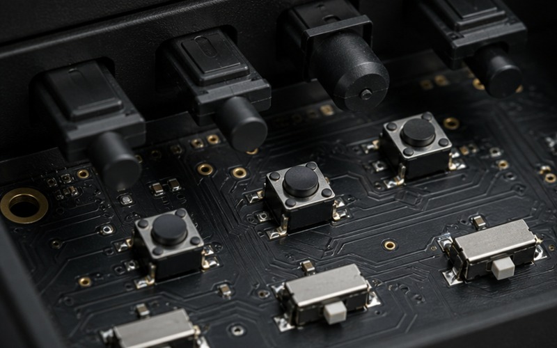 Relay and switch components on a PCB showing contact rating, mechanical layout and control interface review