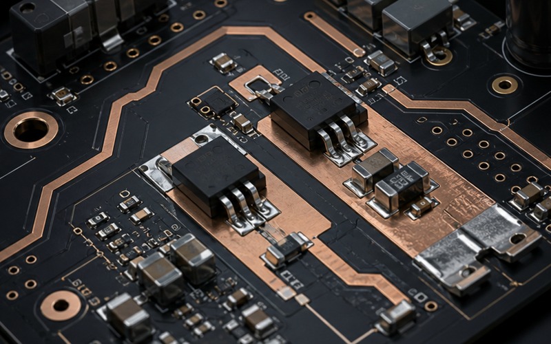 Power MOSFET layout detail showing drain copper, gate routing, source return and switching current path review