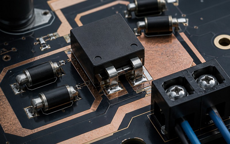 Close view of diode, rectifier and transistor packages on a circuit board for polarity, current and thermal review