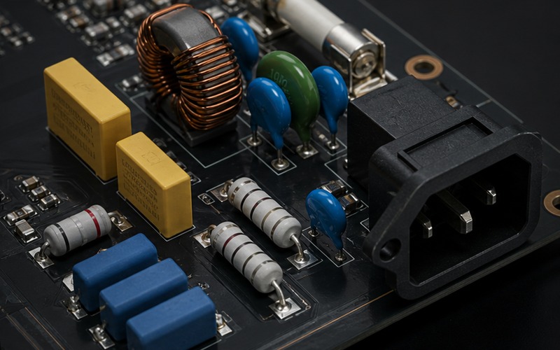 Close view of passive components on a circuit board showing inductor placement, capacitor grouping and resistor layout review