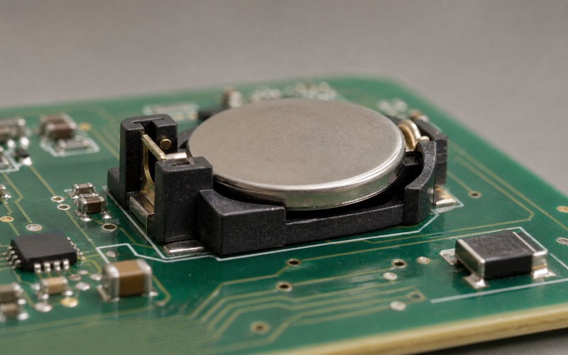 Side view of one coin cell holder on a PCB showing holder clearance, contact spring and battery thickness