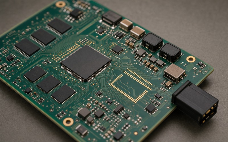 When an MCU with a Neural Block Replaces a Separate Accelerator on a compact PCB showing processor package, memory, power rails and interface routing for component selection review