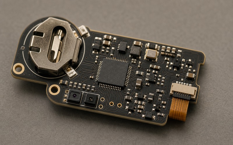 Apollo4 for Ultra Low Power Always On Inference in a Wearable on a compact PCB showing processor package, memory, power rails and interface routing for component selection review