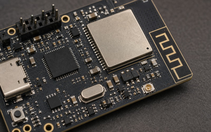 ESP32-S3 Running Light Inference on Its Vector Instructions support circuit showing decoupling, clock, host interface routing and thermal layout details