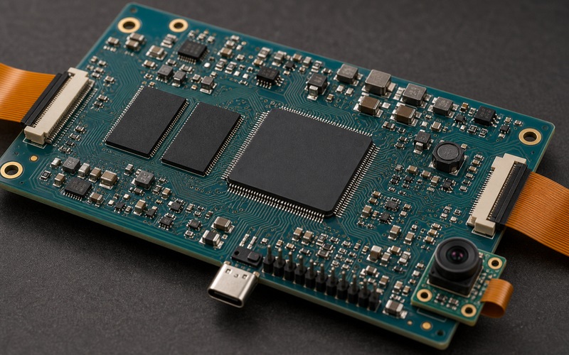 STM32N6 as a High End MCU with a Built In NPU on a compact PCB showing processor package, memory, power rails and interface routing for component selection review