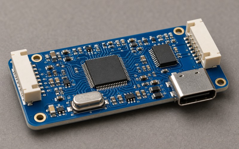 RP2040 TinyML validation PCB with MCU package, external flash, sensor edge connector, clock source and local power rails